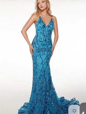 Elegant Beaded Turquoise Evening Gown